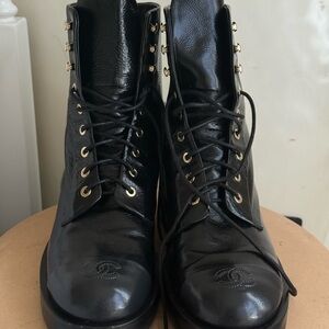 CHANEL Black Leather Combat Boots